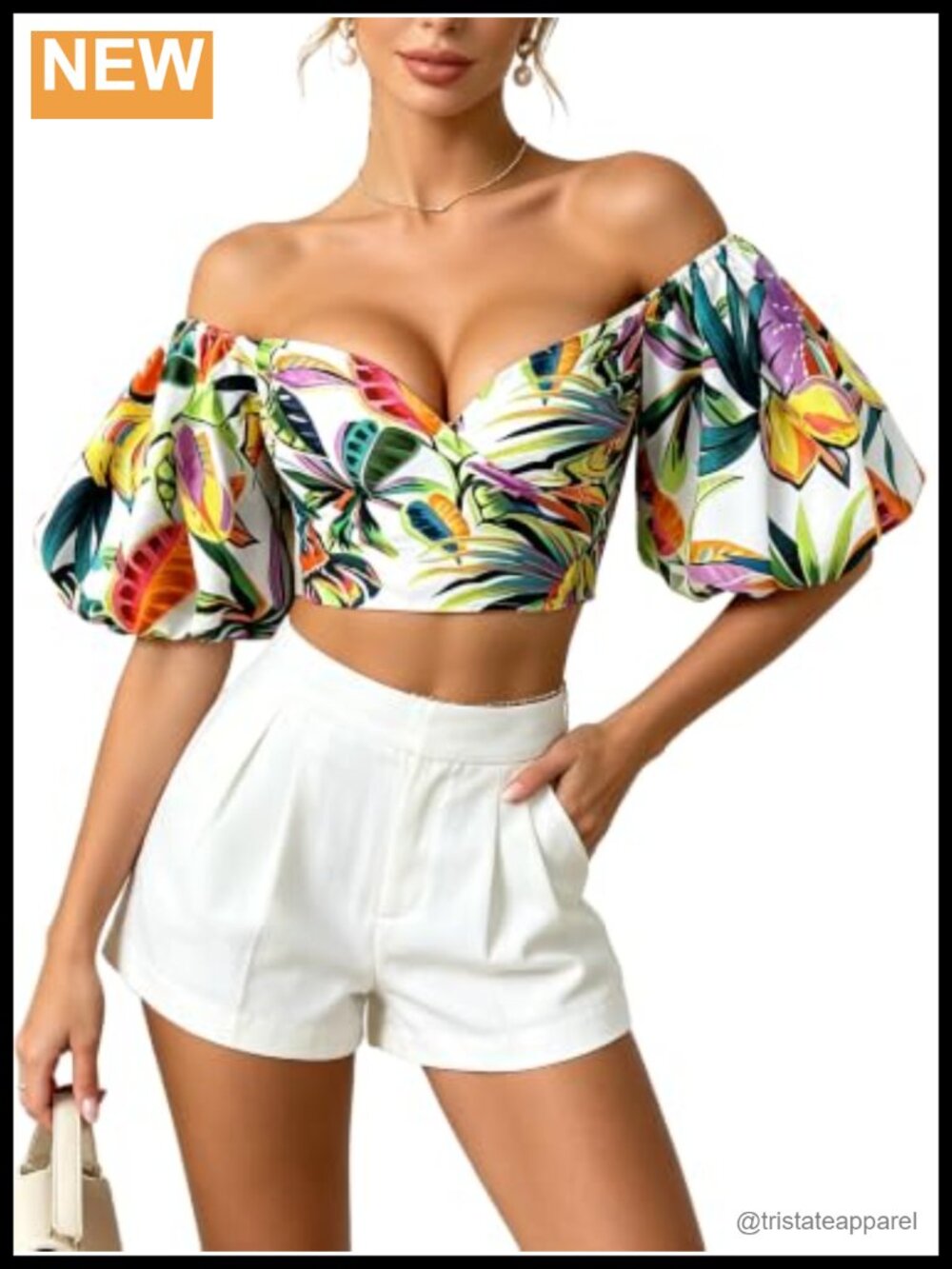 Off Shoulder Crop Top Floral Puff Sleeve Wrap Blouse Women